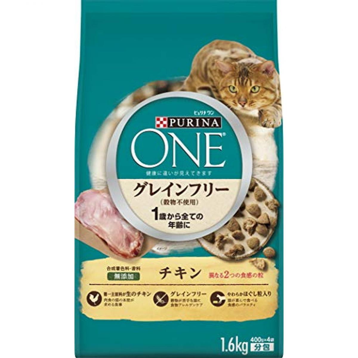 1歳から全ての年齢に肉食の猫の本能が求める食事。 グレインフリーで穀物が苦手な猫に食物アレルゲンケア。 ・新鮮なお肉やお魚が主原料 優れた動物性たんぱく質源で高い嗜好性。だから健康状態と食べっぷりの違いを実感できます。 ・健康6要素を満たす栄養設計 ピュリナの獣医師が提唱する6つの健康要素をすべて満たすことで、健康寿命をサポートします。《製品仕様》●内容量：1.6kg(400g×4袋) ●原材料：チキン、チキンミール、えんどう豆でんぷん、キャッサバ粉、大豆たんぱく、牛脂、脱脂大豆、卵、えんどう豆たんぱく、キャノーラミール、酵母、たんぱく加水分解物、ミネラル類（カルシウム、リン、カリウム、ナトリウム、クロライド、鉄、銅、マンガン、亜鉛、ヨウ素、セレン、硫黄）、グリセリン、アミノ酸類（リジン、タウリン、シスチン、メチオニン）、ビタミン類（A、D、E、K、B1、B2、パントテン酸、ナイアシン、B6、葉酸、B12、コリン、ビオチン）、酸化防止剤（ミックストコフェロール）※合成着色料、香料は添加していません。【ご購入前にご確認ください】※沖縄・離島、その他一部地域からのご注文はお受けできません。システムの都合上ご注文は可能ですが、自動キャンセルになりますのでご了承ください。※当店ではのし・ラッピング梱包は承っておりません。※お客様都合でのキャンセル及び返品・交換は受け付けておりません。あらかじめご了承の上、ご注文ください。