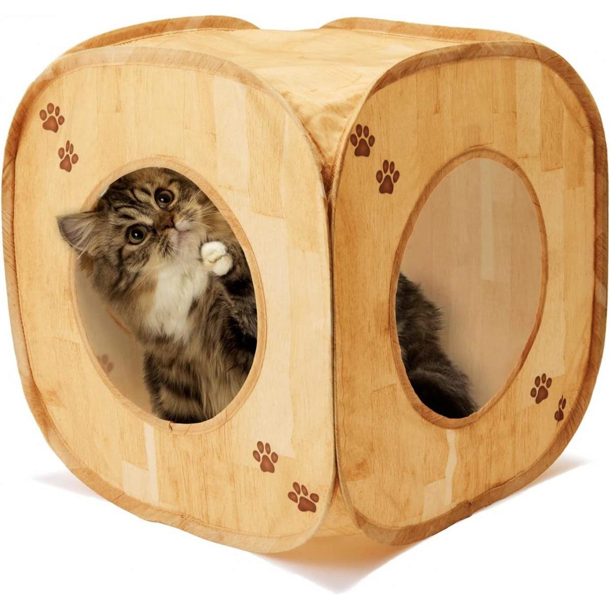 猫壱 necoichi キャットプレイキューブ 木目柄 猫 おもちゃ くつろぎハウス 肉球模様 かわいい たためる コンパクト ねこ ネコ
