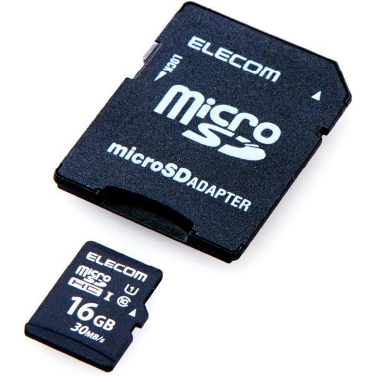 【特徴】 ・読み出し最大30MB/sの高速データ転送を実現するmicroSDメモリカードです。 ・高速インターフェース規格であるUHS-I /UHSスピードクラスの「Class1」、および読み書き時の最低速度を保証するSDスピードクラスの「class10」に対応しています。 ・スマートフォンやタブレットなどでの使用に最適です。 ・SD変換アダプタが付属しています。 ・JIS防水保護等級7(IPX7)に準拠し、メモリカードの交換時などにうっかり水に濡れてしまっても安心の防水仕様です。※変換アダプタは防水ではありません。 ・CPRM技術を採用した著作権保護機能を搭載しています。 ・保証期間を「1年間」としていますので、安心してご利用いただけます。 【仕様】 メモリ規格:microSDHC,Class10,UHS-I インターフェイス:microSD メモリ容量:16GB 最大転送速度:読み出し：30MB/s 最低保証速度:10MB/sec 外形寸法:幅15.0mm×高さ11.0mm×奥行1.0mm 重量:約0.4g 付属品:SD変換アダプタ×1 保証期間:1年間(データ復旧サービス含む) その他:「JIS防水保護等級7（IPX7）」に準拠（※）本体のみ エレコムの microSDHCカード 等。その他の記憶メディアも多数取扱っております。 【ご購入前にご確認ください】※沖縄・離島、その他一部地域からのご注文はお受けできません。システムの都合上ご注文は可能ですが、自動キャンセルになりますのでご了承ください。※当店ではのし・ラッピング梱包は承っておりません。※お客様都合でのキャンセル及び返品・交換は受け付けておりません。あらかじめご了承の上、ご注文ください。