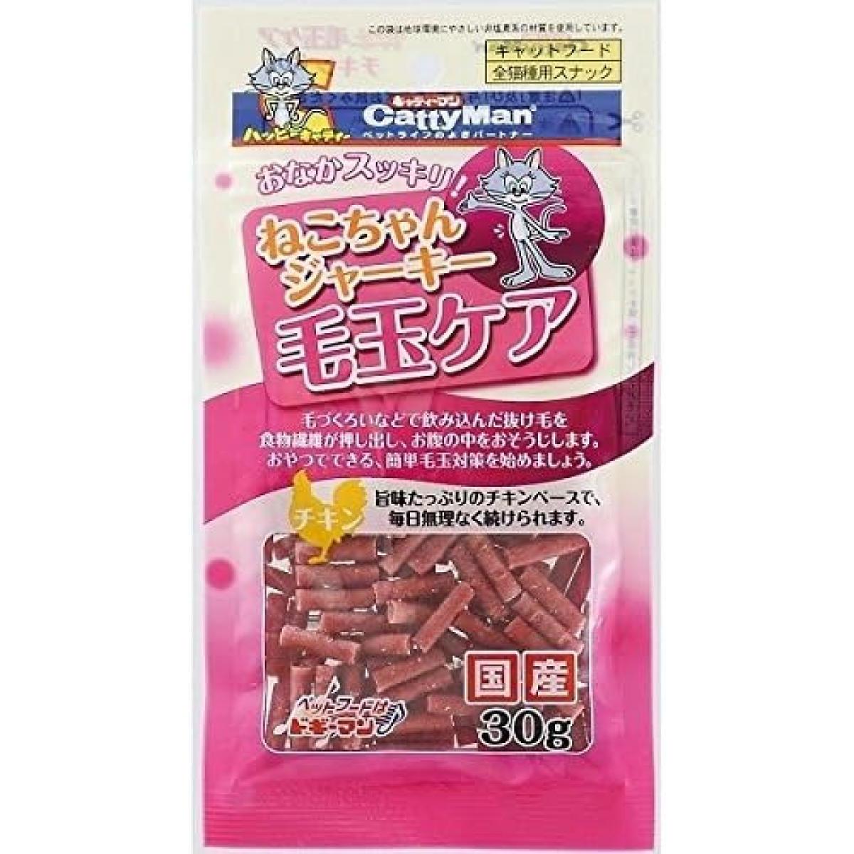 おやつでできる、簡単毛玉対策！毛づくろいなどで飲み込んだ毛を食物繊維が押し出し、お腹の中をおそうじ！　■原材料：肉類（鶏肉、牛肉）、大豆たん白、糖類、小麦粉、魚肉、油脂類、チキンエキス、グリセリン、ソルビトール、増粘安定剤（加工でん粉、ポリアクリル酸ナトリウム）、食物繊維（セルロース、CMC-Na）、ミネラル類（カルシウム、ナトリウム）、調味料、保存料（ソルビン酸、デヒドロ酢酸ナトリウム）、ポリリン酸ナトリウム、発色剤（亜硝酸ナトリウム）、食用色素（カラメル、赤106）、ビタミンE　■代謝エネルギー：310kcal/100g　■原産国：日本