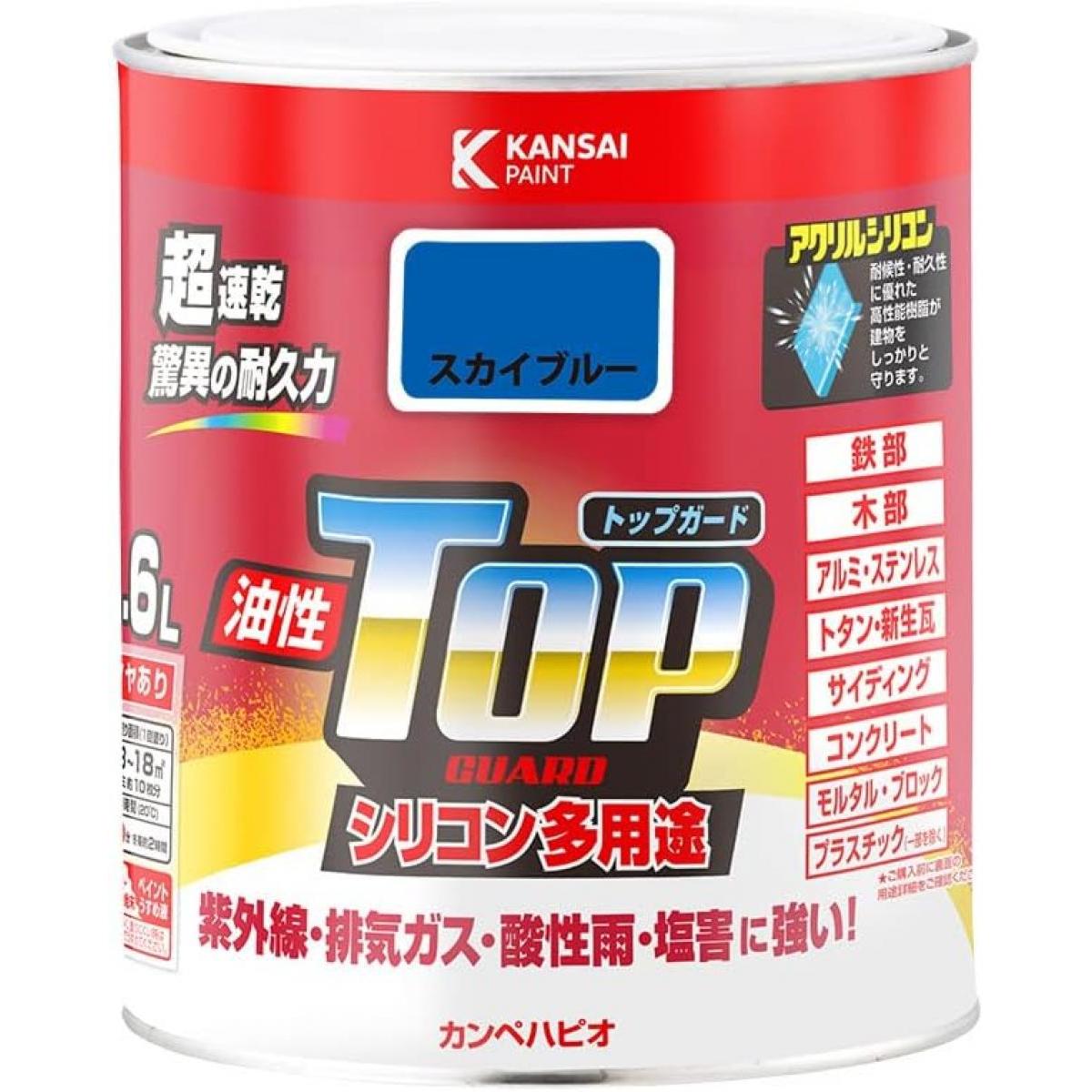 カンペハピオ シリコン樹脂配合多用途塗料 油性トップガード 特長 ●アクリルシリコン樹脂により紫外線、排気ガス、酸性雨、塩害の汚れに強い強靭な塗膜を形成。 ●アクリルシリコン樹脂をベースに光安定剤、高級顔料を使用することにより、優れた光沢保持・色調保持を実現。 ●たれにくく塗りやすい超速乾型塗料なので作業性が抜群。 ●さび止め剤配合で、鉄部をさびから守る。 ●木部・鉄部だけでなく、コンクリート、新生瓦、アルミ、プラスチックなど多用途に使用可能。 用途 ●鉄部及びアルミ・ステンレス、屋内外の木部・木製品 ●硬質塩ビ・アクリル・FRP(船舶は除く)・ABSなどのプラスチック(一部を除く) ●トタン、セメント瓦、スレート瓦、新生瓦(カラーベスト、コロニアル) ●コンクリート・モルタル面の外壁及びサイディング面(セラミック系は除く) 《塗れないもの》 自動車、バイク、高級家具、床面、ビニールクロス、常に水に浸かっている所、鉄以外の金属(ステンレス、アルミ、メッキ、真ちゅう、銅、ホーロー)、タイル、化粧板、陶器、ポリエチレン、ポリプロピレン、ポリカーボネート、シリコンなど特殊処理された素材、釉薬瓦・無釉薬瓦(和瓦などの粘土系瓦)、コンクリート瓦、モニエル瓦(乾式洋瓦)、シングル系瓦、天然石瓦、塩ビ鋼板、銅板、ステンレス板、樹脂板 仕様 乾燥時間 20C: 約30分 冬 期: 約2時間 塗り重ね間隔: (20C)2時間以上、(冬期)6時間以上 うすめ液・用具の洗浄 ●ペイントうすめ液 (塗りにくくなった時だけ5％以内で薄めます)※商品の仕様・パッケージや原産国・原産地などは、メーカーの都合により予告なく変更される場合がございます。最新の情報につきましては、メーカーにご確認くださいますようお願いいたします。
