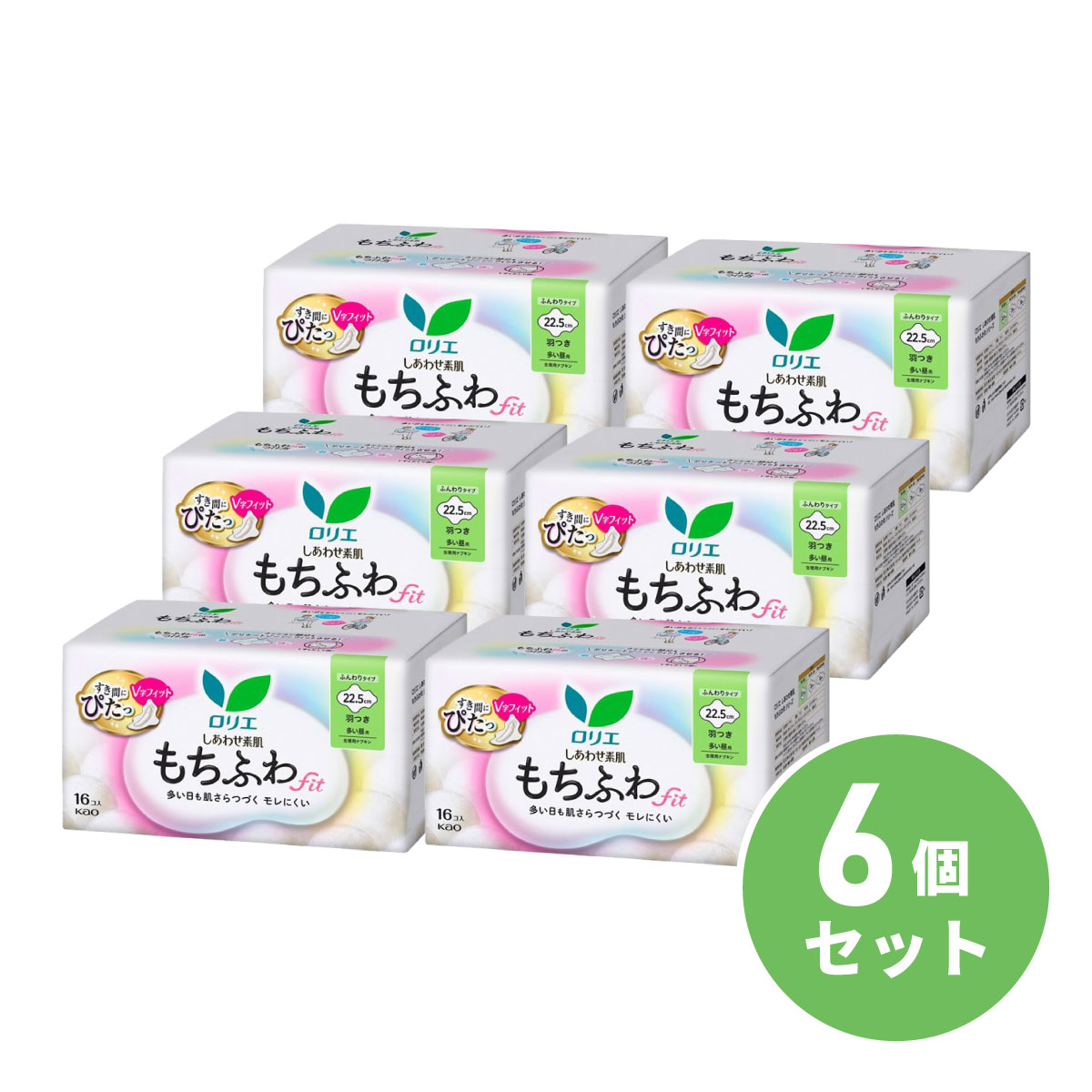 【まとめ買い】花王 ロリエ しあわせ素肌 もちふわfit 多い昼用 22.5cm 羽つき 16個入り×6個セット 無..
