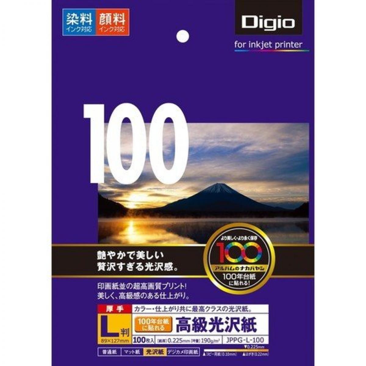 厚手坪量190g/m2厚み0.225mm光沢（ツヤあり）片面印刷紙ベース染料インク対応・顔料インク対応 ●サイズ：L判/89×127mm●枚数：100枚●パックサイズ：ヨコ95×タテ130×厚み24mm●梱包寸法：W285×D215×H265mm●梱包重量：8.9kg●入数：5/40※ISO白色度97％