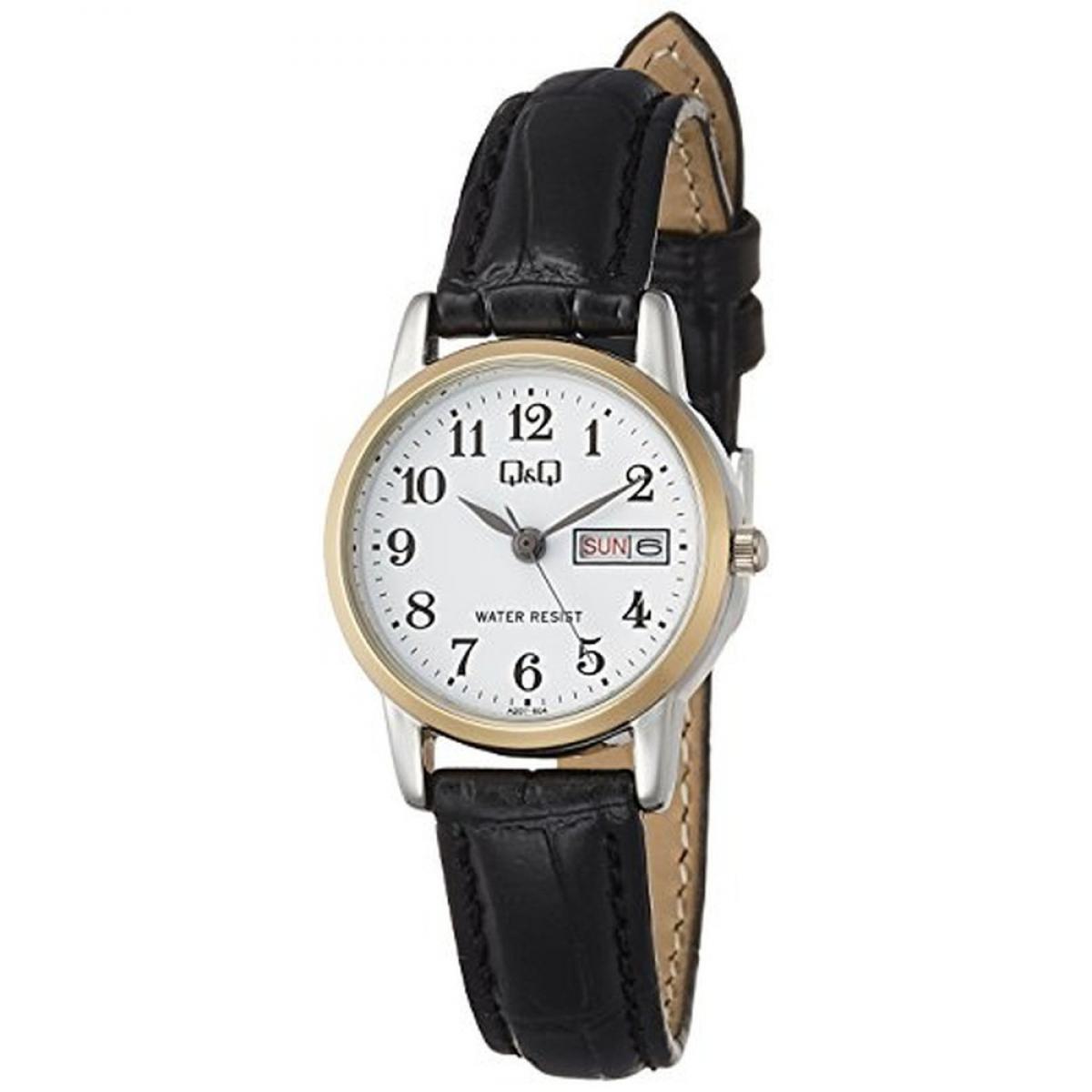 [シチズン キューアンドキュー]CITIZEN Q&Q 腕時計 アナログ 革ベルト カレンダー表示 ゴールド ホワイト A207-504 レディース