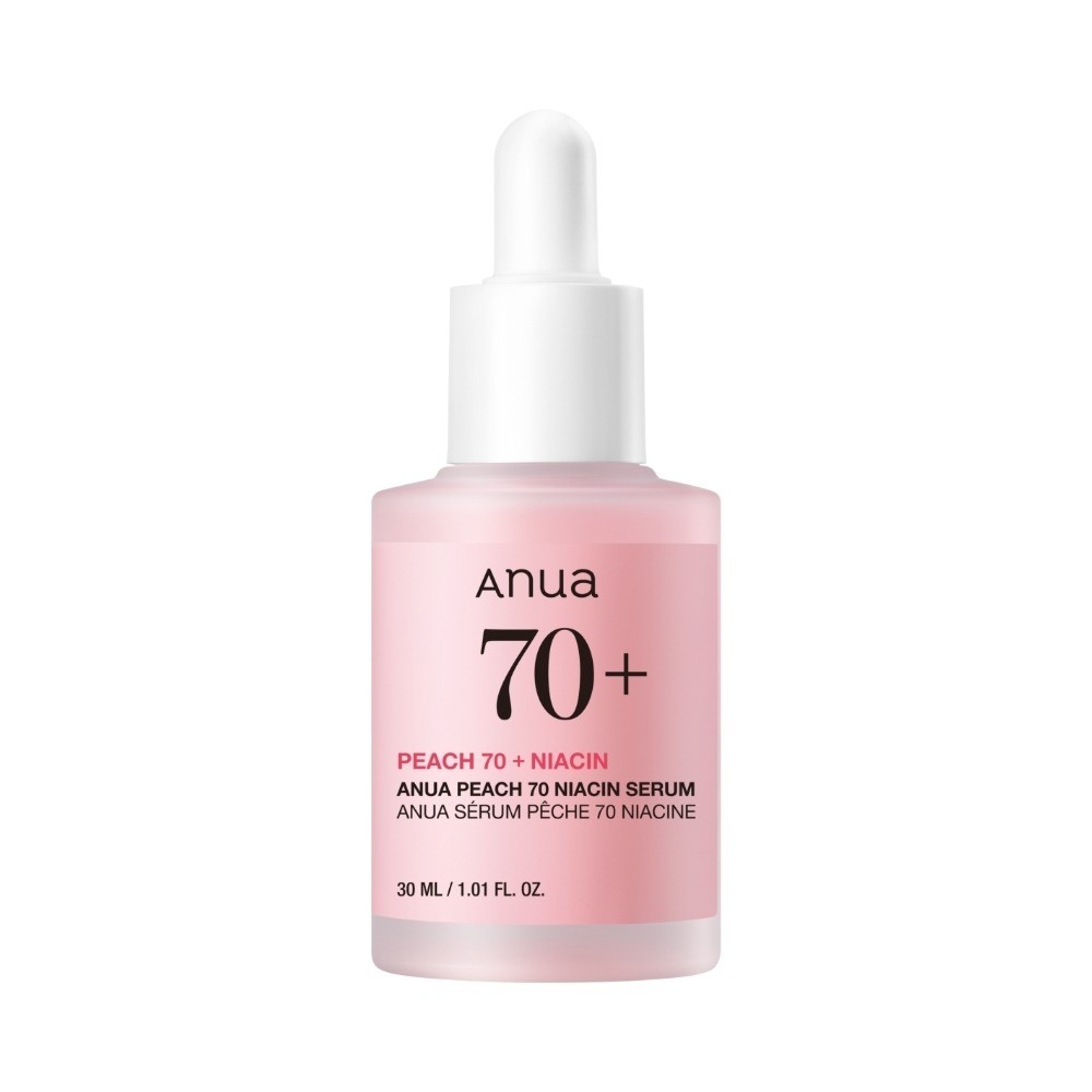 Anuaの美容液です。内容量30mL。スポイトタイプの容器です。ピンク色のボトルとキャップです。化粧品です。肌に異常が生じていないか確認しながらご使用ください。異常が出た場合は使用を中止し、医師にご相談ください。