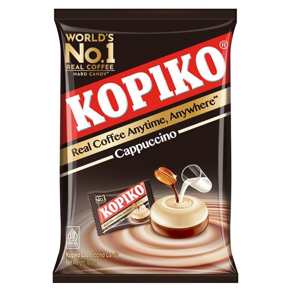 コピコ カプチーノキャンディ 800g。カプチーノ風味のキャンディで、個包装タイプの大容量パックです。原産国はインドネシアです。関連キーワード: コピコ、カプチーノ、キャンディ、コーヒー味、大容量
