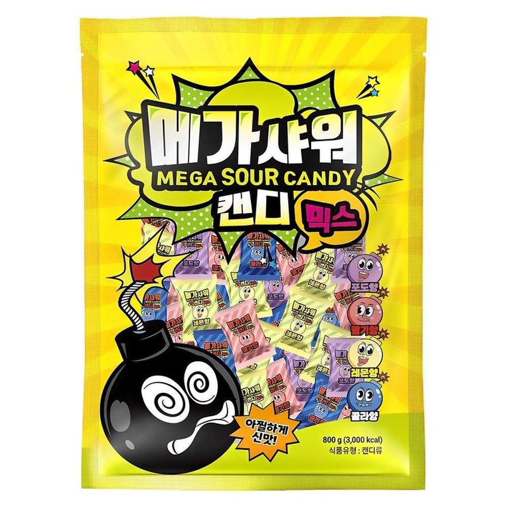 メガシャワー キャンディミックス 800g。キャンディ形態で、直射日光、高温多湿を避けて保存してください。原産国は韓国です。