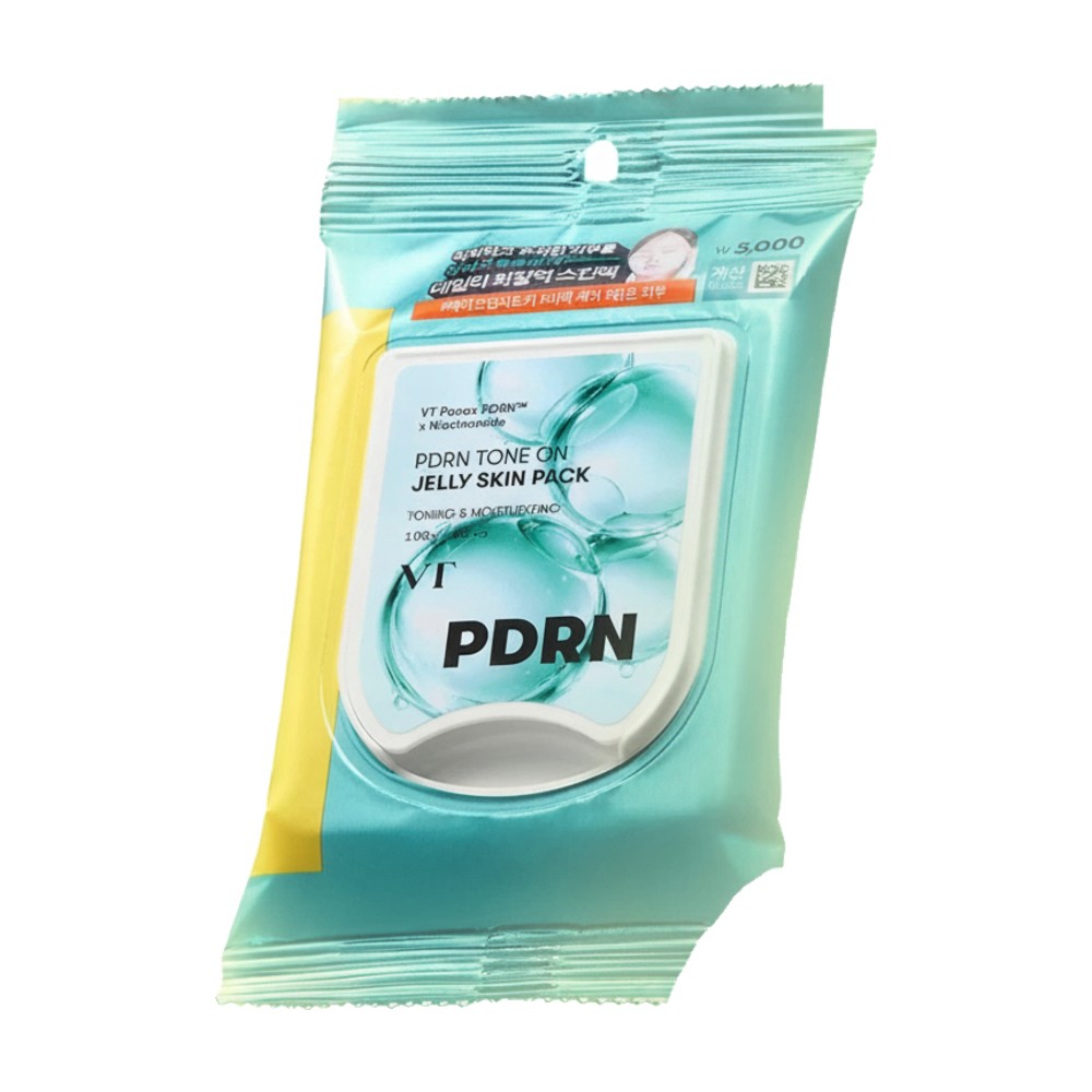 VT PDRN トーンオングミスキンパック 60枚入りです。シート状のスキンパックで、韓国製の商品です。パッケージは水色と黄色のデザインです。