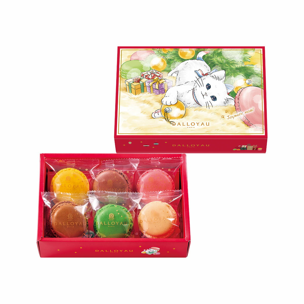 ダロワイヨ ノエル ニャカロン詰め合わせ（6個入）ねこ 猫 ネコ ギフト 洋菓子 焼き菓子 スイーツ プリント マカロン プレゼント ギフト 贈り物 かわいい お歳暮 退職 キャラ 御礼 お取り寄せ 差し入れ 手土産 人気 有名 ブランド 通販 クリスマスのサムネイル