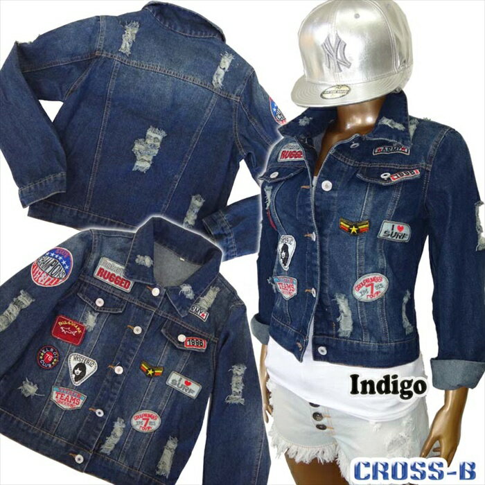 ワッペン付クラッシュデニム長袖ジャケット (A1258)CROSS-B