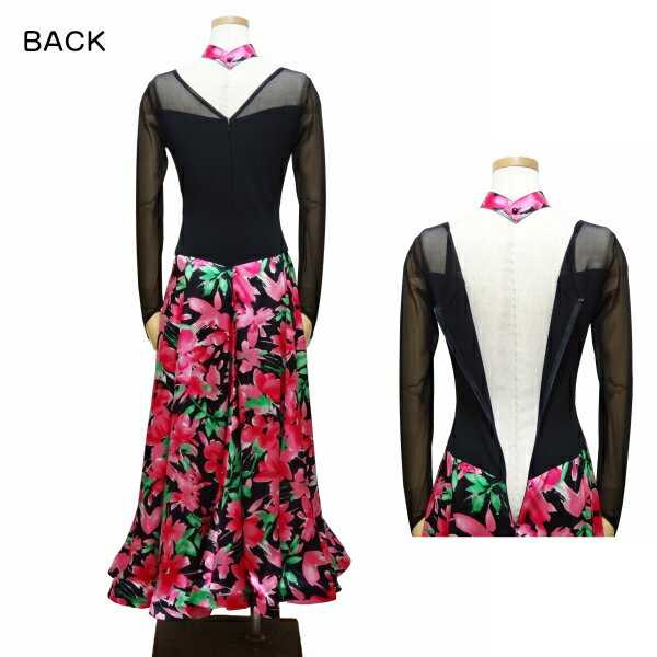新入荷 パーティー ドレス L No 7076 パピヨン ブラック ピンク 系 花 プリント 社交ダンス ホテル パーティー に おすすめ ゲスト ドレス ダンスショップグレース店