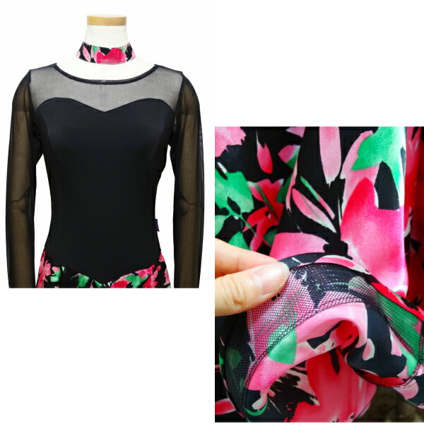 新入荷 パーティー ドレス L No 7076 パピヨン ブラック ピンク 系 花 プリント 社交ダンス ホテル パーティー に おすすめ ゲスト ドレス ダンスショップグレース店