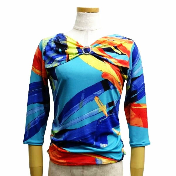 JOAN キラキラバックル付き ペイントプリントトップス 90009-B ブルー地 青 Mサイズ 社交ダンス レッス..