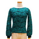 【新入荷】JOAN ハリスパン付き 柄レーストップス 90081-A Mサイズ グリーン 社交ダンス レッスン パーティー カットソー 女性衣装 レッスン着 練習着 パーティーウエア Tシャツ 華やか ストレッチ 黒×緑 パフスリーブ 提灯袖 きらきら輝く レディースウエア