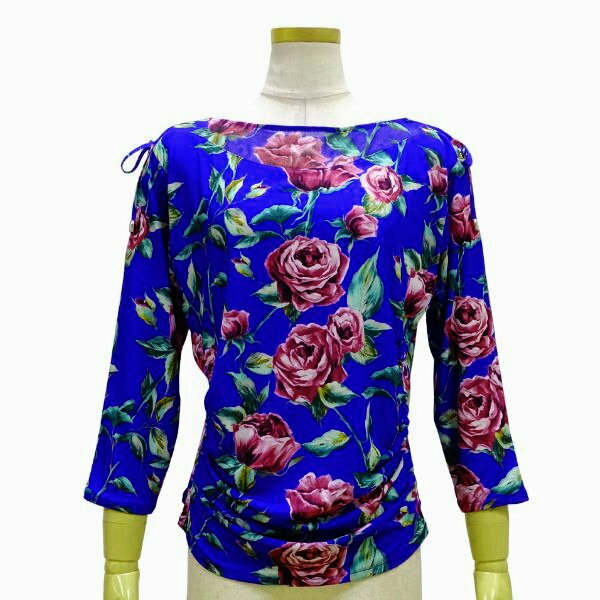 【新入荷】JOAN プリントトップス 11024-A LLサイズ ブルー系 花柄 七分袖 フラワープリント 社交ダン..
