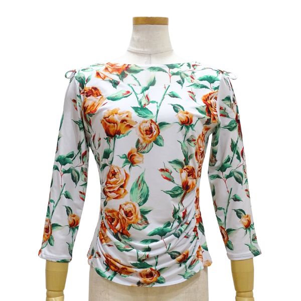 【新入荷】JOAN プリントトップス 11024-A Mサイズ オフホワイト 花柄 七分袖 フラワープリント 社交ダ..