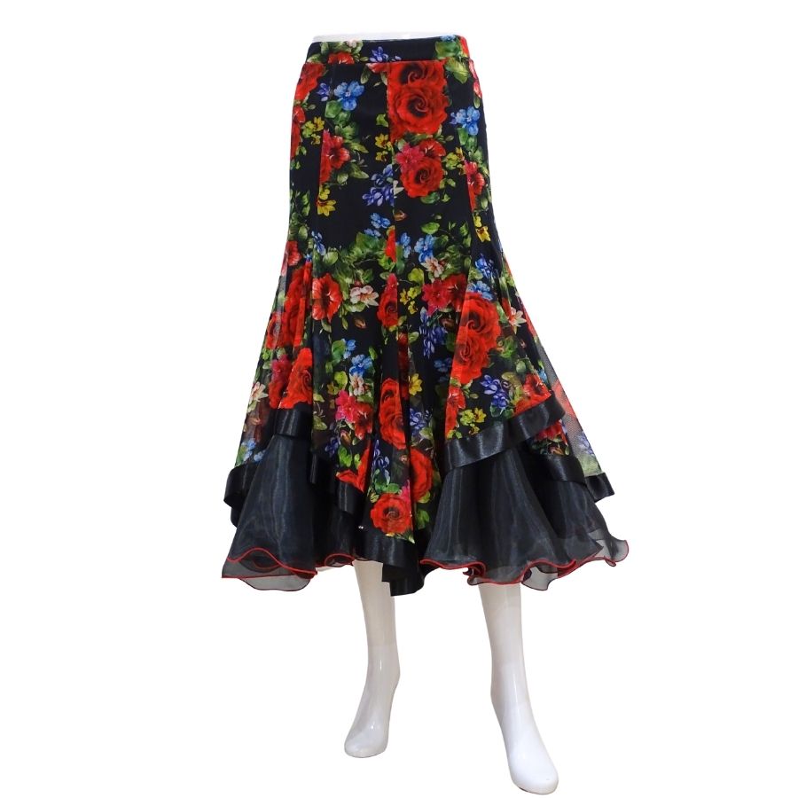 【新入荷】Roger 裾が波打つ ロングスカート 009-0152 レッド フラワープリント 社交ダ