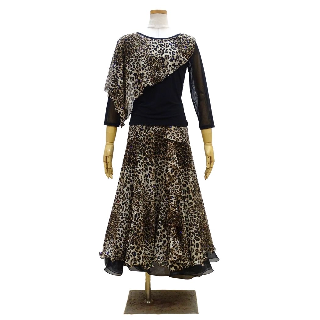 MAX レオパードプリントメッシュの華やかセットアップ 11-3325522-4207 M-L 茶系 社交ダンス パーティ..