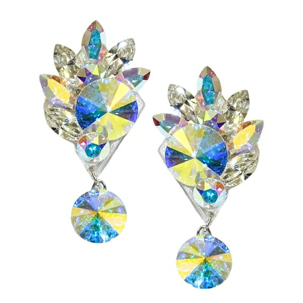 PINK イヤリング P-719 オーロラ×クリスタル 社交ダンス スワロフスキー ストーン 輝く 競技 パーティー 舞台 カラオケ ステージ スタンダード モダン ダンスアクセ 社交ダンスイヤリング 中間サイズ クリアカラー(4)