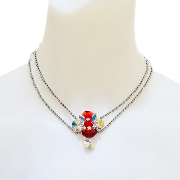 【人気】PINK ネックレス P-149 レッド×オーロラ 社交ダンス アクセサリー スワロフスキーストーン 輝く 首飾り パーティー 発表会 ダイヤレーン キ...