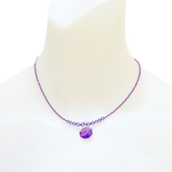 Heart - 【再入荷】PINK ガラス ビーズ ネックレス P-310 パープル 社交ダンス アクセサリー スワロフスキービーズ カニカン アジャスター 長さ調節可能 すっきり 上品 シンプル ワンポイント ペンダント 首飾り ラベンダー 紫