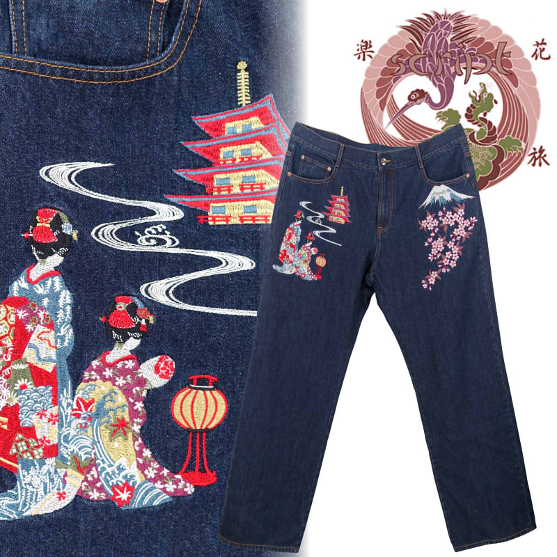 乐天商城 - 【SCRIPT花旅楽団(スクリプト)】SP-003 富士舞妓刺繍デニム　和柄　【送料無料】