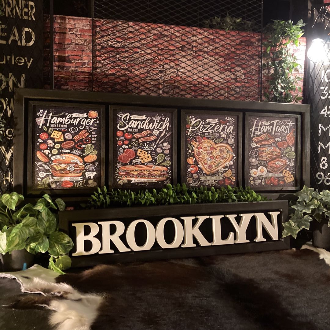 ｢NEWYORK BAR＆KITCHEN｣4枚組キャンバス製ウッドアートパネル 男前インテリア カフェインテリア アメリカンビンテージ カフェアンドバー ティンプレート ブリキ看板 アートパネル 店舗什器 アメリカンダイナー DINER ミッドセンチュリーインテリア グリル DandyLifeSpace