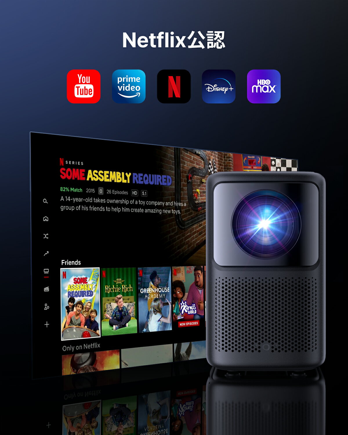 Dangbei N2 プロジェクター 家庭用 Netflix公式ライセンス ホームプロジェクター 小型 WiFiおよびBluetooth搭載 スマートミニプロジェクター ネイティブ1080pフルHD HDR10・HLG対応 400 ISOルーメン Dolby Audio フォーカス調整 垂直・水平台形補正 自動障害物回避