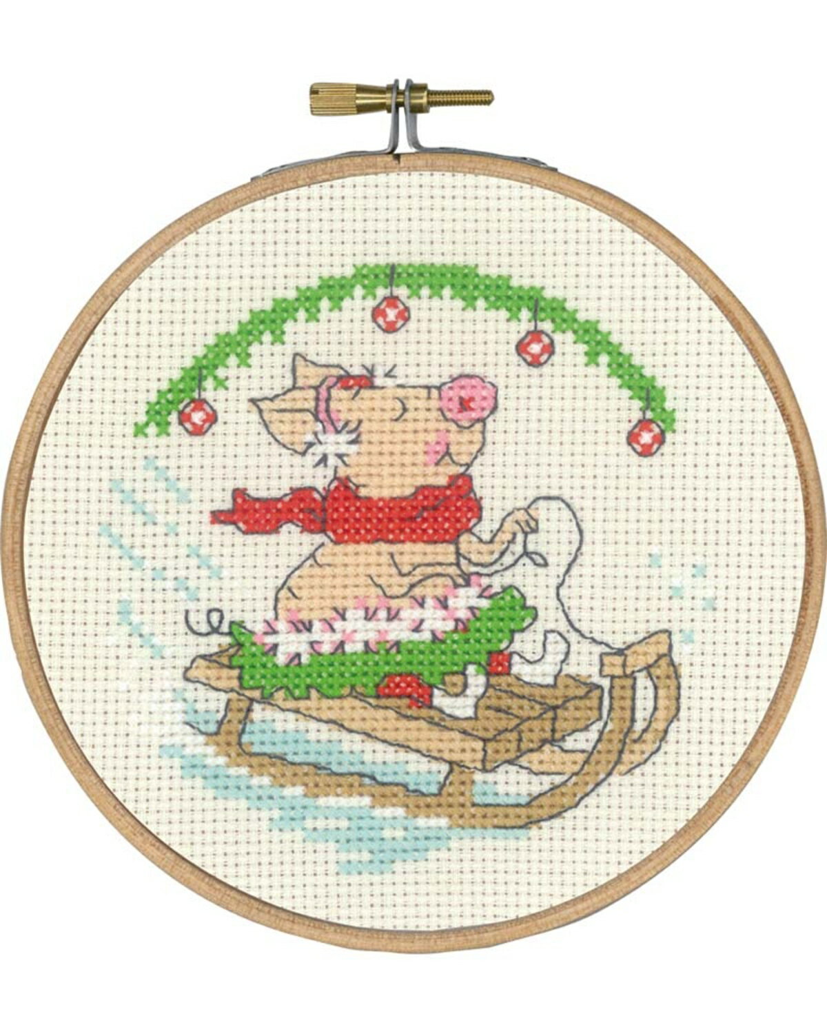 北欧　Permin of Copenhagen【Sled pig　クリスマス　フープ付き】クロスステッチ 刺しゅう キット 初..
