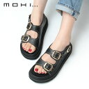 【クーポン】MOHI モヒ サンダル ダブルベルト スタッズ バックル フラット 厚底 レザー 本革 ブラック レディース 1902479 ★
