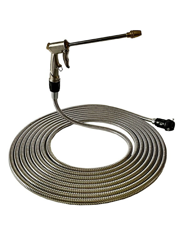 ステンレスコイルホース10mゴムホースによくある穴あき・絡まり・べたつき・ねじれを解決ステンレスなのでサビにくい・キズに強い・絡みにくいまた取り付け簡単で口径16mmのストレート蛇口専用♪蛇腹構造で伸縮するから柔軟に使えます