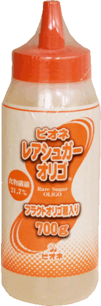 栄養成分表示（100g当たり） 熱量　263kcal たんぱく質　0g 脂質　0g 炭水化物　76.7g 　－糖質　55g 　－食物繊維　21.7g 食塩相当量　0g 原材料 希少糖含有シロップ（国内製造） フラクトオリゴ糖シロップ（国内製造） ビートオリゴ糖（ラフィノース） ビート糖 広告文責 株式会社ビオネ 06-6330-8611 販売者 株式会社ビオネ 区分 日本製・健康食品食物繊維が豊富(22%含有)　 ビオネ・レアシュガーオリゴは、「希少糖」D-プシコース(アルロース)、D-アロースを含有する「希少糖含有シロップ」50％に 「フラクトオリゴ糖」48％「ビートオリゴ」2％を配合した甘味料です。 希少糖（D-プシコース・D-アロースなど）約7,5％含有 「希少糖含有シロップ」は、ブドウ糖、果糖を85％含有「フラクトオリゴ糖」は45％含有していますので、ブレンドした方が吸収する糖質は少なくなり、爽やかな甘さが特徴です。 ダイエットには希少糖含有シロップ ビフィズス菌に、フラクトオリゴ糖、ビートオリゴ（ラフィノース） 甘味料として、コーヒーや紅茶、お料理など幅広くご利用頂けます。 甘みはお砂糖の約80％です。