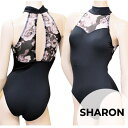 送料無料【SHARON】ブラックローズ メッシュ ホルターネック レオタード ダンスケイト プリントメッシュ バレエ ホルターネック レオタード