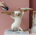 置き物 皿を捧げるねこ 猫ちゃん キー収納 金属 トレイ 鍵置き 小物収納 玄関収納 卓上置物 収納トレイ 動物像 彫刻装飾 玄関 ペットサイトテープル 化粧卓...
