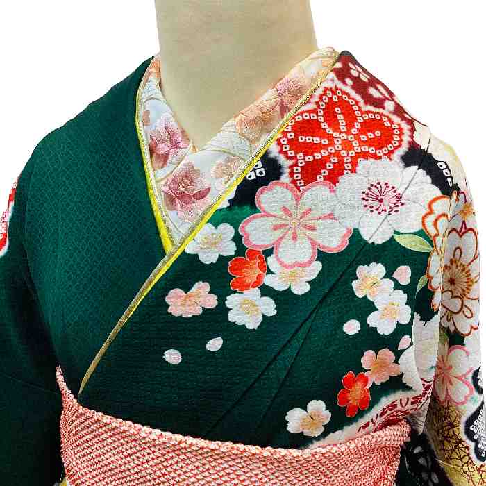 【送料無料】振袖7点セット 正絹 緑色地古典百花繚乱文様 京友禅 お仕立て上がり lf218set