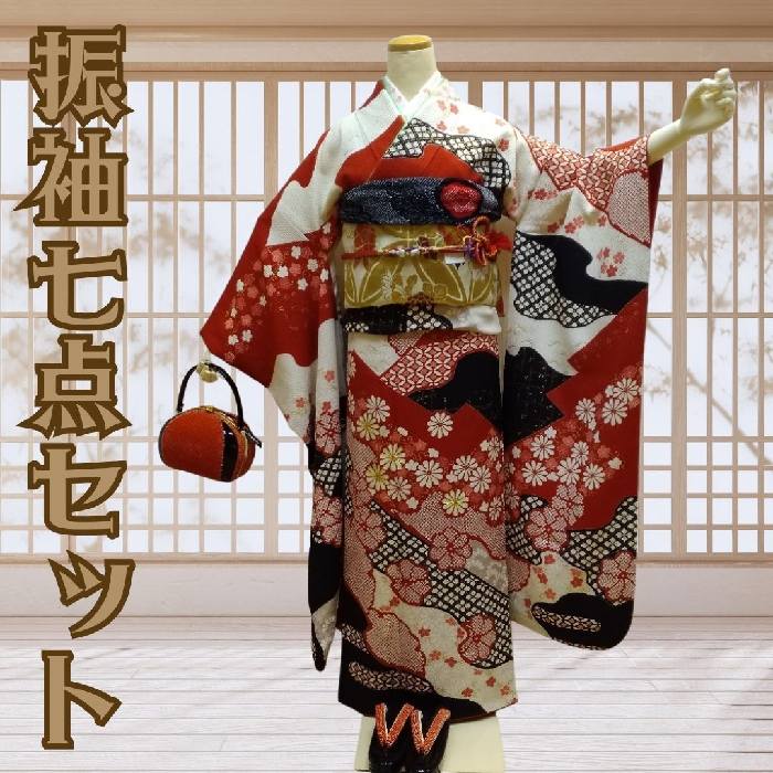 【送料無料】振袖7点セット 正絹 絞り風総柄文様 お仕立て上がり ふっくらさん対応 lf212set