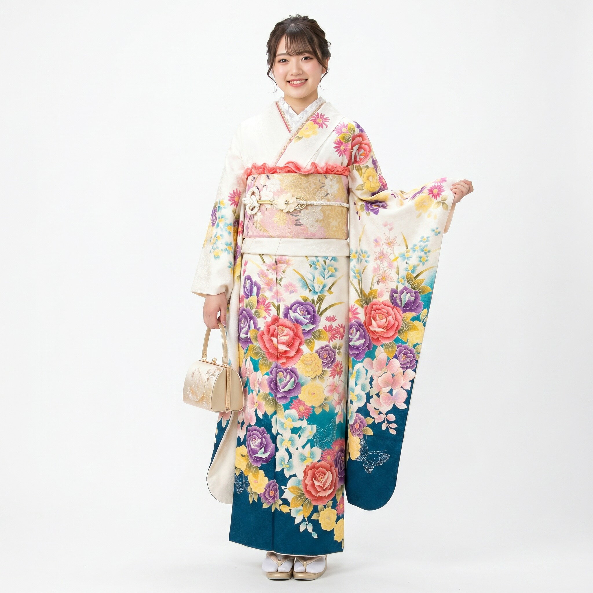【送料無料】振袖7点セット 正絹 お仕立て上がり 豪華な花模様 lf204set