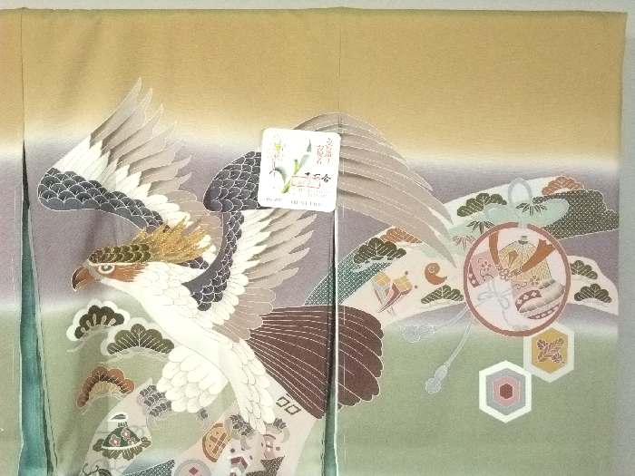 【送料無料】新品！正絹京友禅初着●お宮詣祝着●お宮参り●鷹に吉祥熨斗目文様柄●ub087