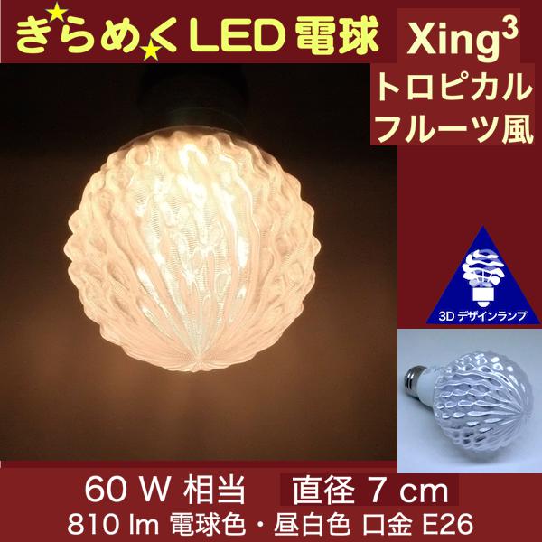 3Dデザイン電球 Xing3 60W相当 サイズ7cm おしゃれ きらめく きらめき トロピカルフルーツ風 オリジナルLED電球 電球色 昼白色 裸電球 口金E26 小型ボール型 ボール球 きらきら きらめく 光の彫刻 光の装飾 廊下 トイレ 玄関 階段 天井 直付け 天井照明