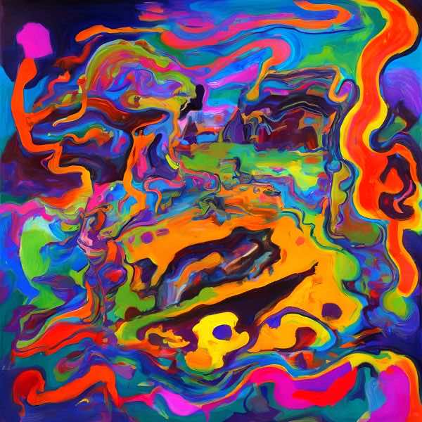 最初の商品画像がポスターの全体図です．2 番めの商品画像として中央部分の拡大図をのせています． 【GPT5/4o による解説】 (正確でない場合がありますので，ご注意ください.) 画面全体をうねるような筆致が満ち，中心の黄金色の地形が熱を帯...