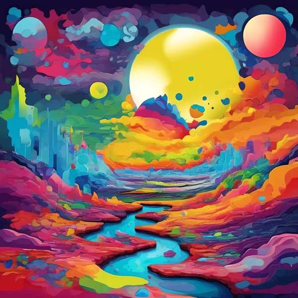 最初の商品画像がポスターの全体図です．2 番めの商品画像として中央部分の拡大図をのせています． 【GPT5/4o による解説】 (正確でない場合がありますので，ご注意ください.) この絵は，幻想的で超現実的な風景を描いており，色彩の豊かさと...