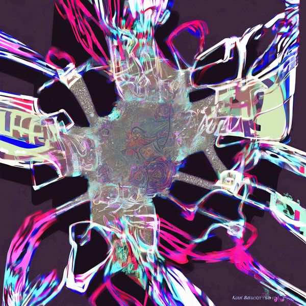 最初の商品画像がポスターの全体図です．2 番めの商品画像として中央部分の拡大図をのせています． 【GPT5/4o による解説】 (正確でない場合がありますので，ご注意ください.) この絵は，抽象表現主義やサイケデリックアートの影響を受けた作...