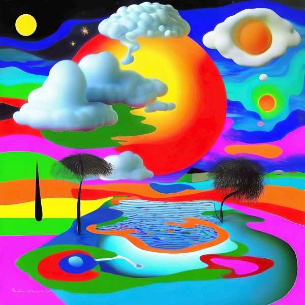 最初の商品画像がポスターの全体図です．2 番めの商品画像として中央部分の拡大図をのせています． 【GPT5/4o による解説】 (正確でない場合がありますので，ご注意ください.) この絵は，鮮やかな色彩と幻想的な風景が特徴的です． 色彩の大...