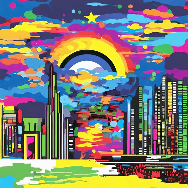 最初の商品画像がポスターの全体図です．2 番めの商品画像として中央部分の拡大図をのせています． 【GPT5/4o による解説】 (正確でない場合がありますので，ご注意ください.) この作品はビビッドな色彩と平面的な色塊で都市の夜明けを描いた...