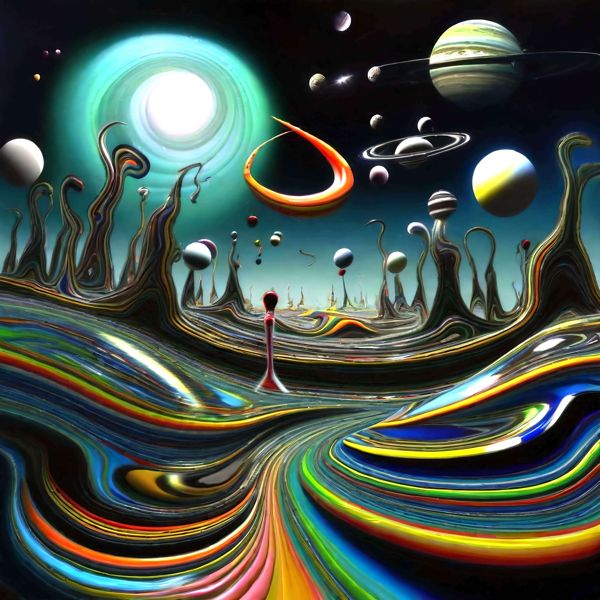 最初の商品画像がポスターの全体図です．2 番めの商品画像として中央部分の拡大図をのせています． 【GPT5/4o による解説】 (正確でない場合がありますので，ご注意ください.) この絵は，ダリやエルンストといったシュルレアリスムの影響を受けた作品のように見えます． 幻想的で超現実的な風景が広がり，異世界の惑星や奇妙な形状のオブジェクトが浮かんでいます． 色彩は鮮やかで，流れるようなラインが動きを感じさせます． 空に浮かぶ惑星やリングは，宇宙的な広がりを強調し，観る者を未知の世界へと誘います． 地面のカラフルな模様は，現実と夢の境界を曖昧にし，視覚的な冒険を提供します． この作品は，視覚的な驚きと想像力を刺激する，夢のような体験を提供しています． 【購入方法・サイズなどについて】 サイズはつぎのうちのいずれかを上記の商品リストで選択してください．いずれも正方形です．・500 mm × 500 mm． ・400 mm × 400 mm． ・300 mm × 300 mm． ・250 mm × 250 mm (紙は 300 mm × 300 mm．余白つき)． ・200 mm × 200 mm． オンデマンドで印刷します (受注生産です) が，基本的に 1 週間以内に発送します． 300 mm と 250 mm のものは楽天，アマゾン，ニトリ，ハンズ，無印良品などで販売されている内寸 30 cm 角のフレームにちょうとおさまります． この商品にはフレームは付属せず販売もしていません． 【画像の制作方法】 制作者と AI (AI アート作成用のプログラム Stable Diffusion XL 1.0 (1024)) とからなるアートユニット カナブストラクド によるアートポスターです．そのプログラムに「Kanabstracd surrealism」ということば (prompt) をあたえて創造させました． 負のプロンプトとして「cubiso」を指定しています． AI アートでは通常 A6 サイズ相当くらい (縦横 500〜1000 ピクセルくらい) の荒い画像しかつくれないので，超解像という技術をつかって原画より解像度を 4〜8 倍に (こまかく) しています． ただし，上の商品画像の解像度は原画と同程度なのでご注意ください． これらのポスターは通常の AI アートとはちがう独自の方法を使って作っています． AI アートは AI にプロンプト (または呪文) とよばれる英語の記述をあたえて作画した画像ですが， Stable Diffusion，DALL・E 2，Midjourney などの AI プログラムによって 2022 年に爆発的に普及しました． AI アートで望む画像を作るために通常は比較的細かい指示を与えます． しかしデイシンではおもに 1〜4 語程度の短いことばや造語を Stable Diffusion XL 1.0 (1024) を使用している OpenArt，NightCafe などのウェブサイトで使用して，そのプログラムがもつ知識をいかして自由に (ジェネラティブに，創発的に) 画像をつくらせています． コントラストの調整等はしていますが，描きなおさせたり加筆したりするようなことはしていません． こうやって作られる「意図しない」画像も「AI アート」とは呼ばれるものの，かならずしもアートとはいえないと考えています． しかし，思いもよらない画像や特定の画家風の部分がありながらその作品とはちがうスタイルの画像，模様やステンドグラスに埋め込まれた猫など，様々な興味ぶかい画像がつくれます． 【キーワード】 AIアート, AI画家, 画像生成AI, 人工知能アート, コンピュータアート, コンピュータ・アート, デジタルアート, メディアアート, Stable Diffusion, ジェネラティブアート, ジェネレーティブアート, 創発的, 生成的, アート・ジェネレータ, インテリア, ウォールアート, アートポスター, アートプリント, オリジナルポスター 【著作権に関する注記】 この画像は ISAP 手法にもとづいて AI が生成したものです．特定の現存作家または既存作品の模倣・再現を意図するものではありませんが，お気づきの点がありましたら info@dasyn.com にご連絡ください．AI を使って造った気軽に楽しめるアートポスター AI とともに描いた様々な絵でお部屋をかざってみませんか? AI アートでさまざまな絵画を創造しました．人だけでは描くのが難しいオリジナル作品をお求めやすい価格で提供します．壁にならべて貼ったり，気分にあわせて貼りかえてみることもできます．