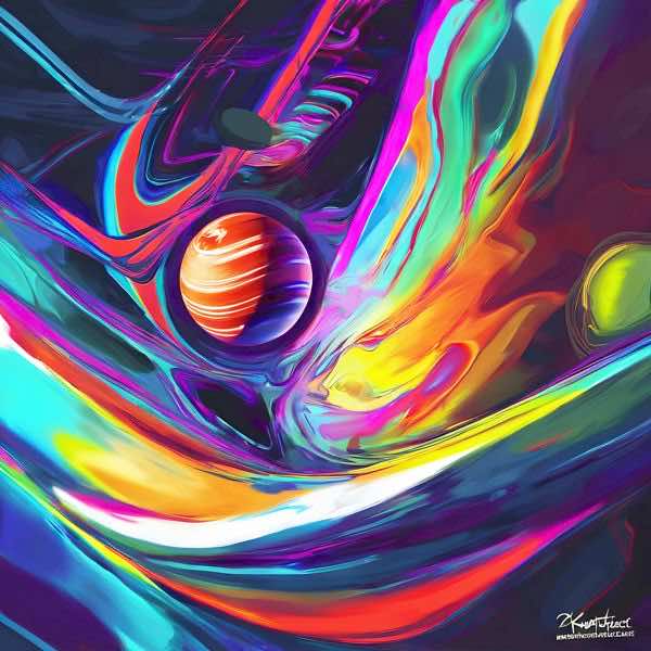 最初の商品画像がポスターの全体図です．2 番めの商品画像として中央部分の拡大図をのせています． 【GPT5/4o による解説】 (正確でない場合がありますので，ご注意ください.) この絵は，鮮やかな色彩と流れるような形状が特徴的で，抽象表現...