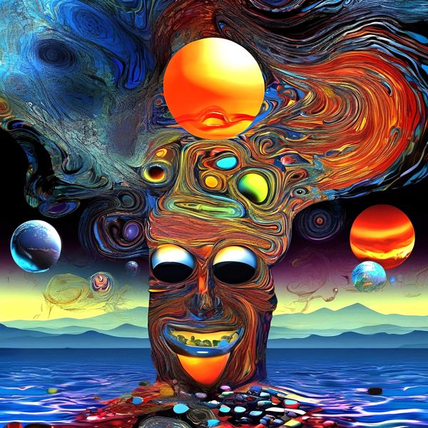 最初の商品画像がポスターの全体図です．2 番めの商品画像として中央部分の拡大図をのせています． 【GPT5/4o による解説】 (正確でない場合がありますので，ご注意ください.) この絵は，サイケデリックアートとシュルレアリスムの影響を受け...