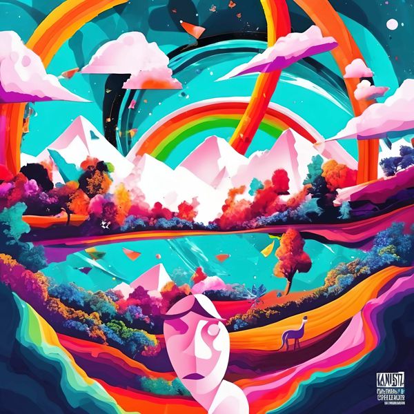 最初の商品画像がポスターの全体図です．2 番めの商品画像として中央部分の拡大図をのせています． 【GPT5/4o による解説】 (正確でない場合がありますので，ご注意ください.) この絵は鮮烈な高彩度の色彩と層状の構図で夢の風景を描いていま...