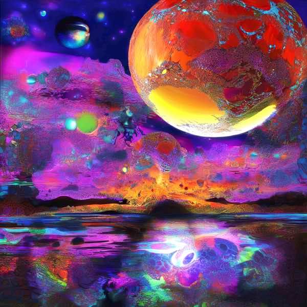 最初の商品画像がポスターの全体図です．2 番めの商品画像として中央部分の拡大図をのせています． 【GPT5/4o による解説】 (正確でない場合がありますので，ご注意ください.) この絵は大きな橙色の惑星が画面上方を占め，下方に広がる海面が...