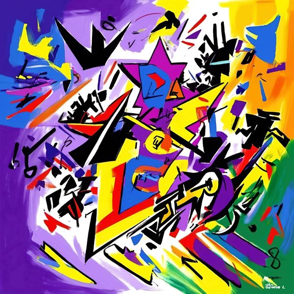 最初の商品画像がポスターの全体図です．2 番めの商品画像として中央部分の拡大図をのせています． 【GPT5/4o による解説】 (正確でない場合がありますので，ご注意ください.) この絵は，エネルギッシュでカラフルな抽象表現が特徴です． 色...